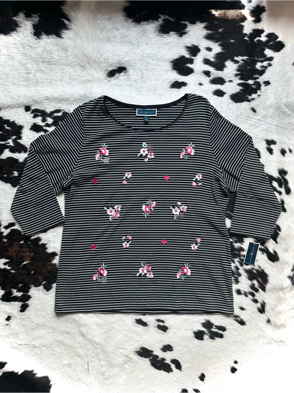 Karen Scott Black & White Striped Floral Embroidered 3/4 Sleeve Top 1x